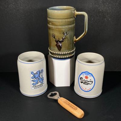 LOT 366: Vintage Olympia Beer and Ambassador Export Brewed Metal Beer Trays with German / Irish Mugs and More