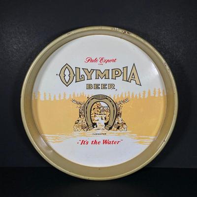 LOT 366: Vintage Olympia Beer and Ambassador Export Brewed Metal Beer Trays with German / Irish Mugs and More