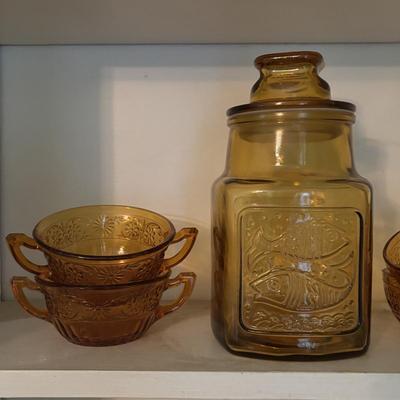LOT 380: Vintage Amber Wheaton Glass Embossed Canister Jar & Indiana Depression Amber Glassware