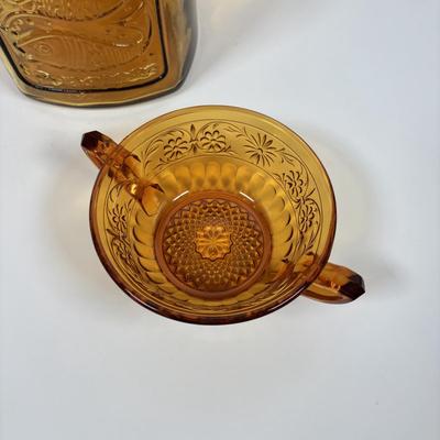LOT 380: Vintage Amber Wheaton Glass Embossed Canister Jar & Indiana Depression Amber Glassware
