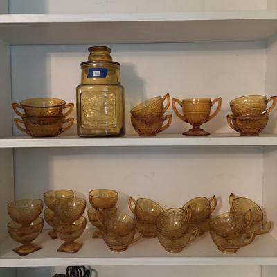 LOT 380: Vintage Amber Wheaton Glass Embossed Canister Jar & Indiana Depression Amber Glassware
