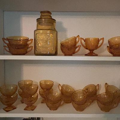 LOT 380: Vintage Amber Wheaton Glass Embossed Canister Jar & Indiana Depression Amber Glassware