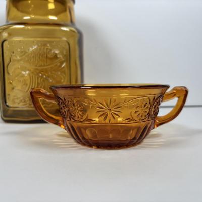 LOT 380: Vintage Amber Wheaton Glass Embossed Canister Jar & Indiana Depression Amber Glassware