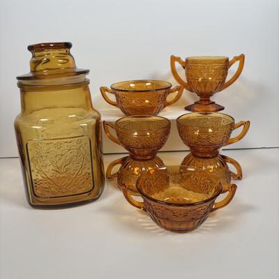 LOT 380: Vintage Amber Wheaton Glass Embossed Canister Jar & Indiana Depression Amber Glassware
