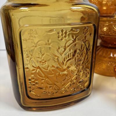 LOT 380: Vintage Amber Wheaton Glass Embossed Canister Jar & Indiana Depression Amber Glassware