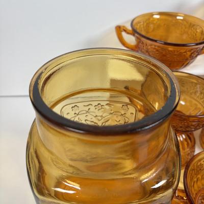 LOT 380: Vintage Amber Wheaton Glass Embossed Canister Jar & Indiana Depression Amber Glassware