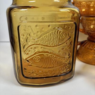 LOT 380: Vintage Amber Wheaton Glass Embossed Canister Jar & Indiana Depression Amber Glassware