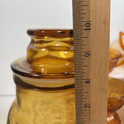 LOT 380: Vintage Amber Wheaton Glass Embossed Canister Jar & Indiana Depression Amber Glassware