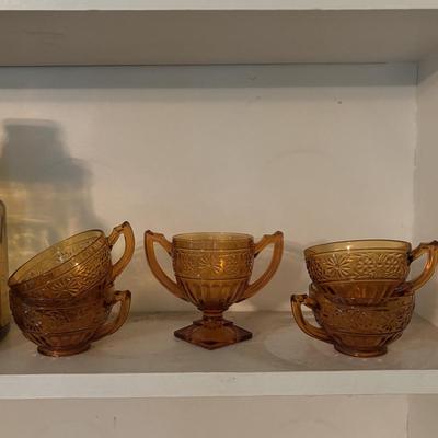 LOT 380: Vintage Amber Wheaton Glass Embossed Canister Jar & Indiana Depression Amber Glassware