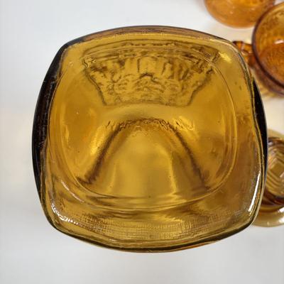 LOT 380: Vintage Amber Wheaton Glass Embossed Canister Jar & Indiana Depression Amber Glassware