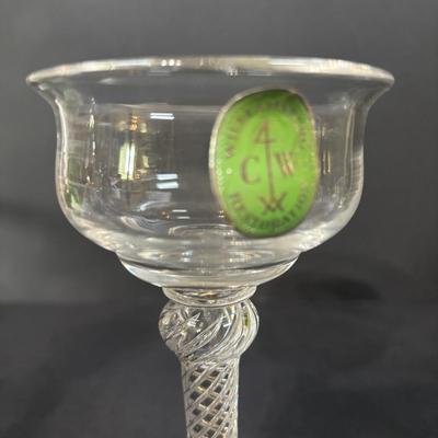 LOT 382: Art Glass Collection: Blenko colonial Williamsburg Restoration Goblet w/Air-Twist Stem, Kosta Boda Martini, Green Hobnail Piggy...