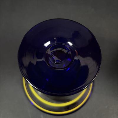 LOT 382: Art Glass Collection: Blenko colonial Williamsburg Restoration Goblet w/Air-Twist Stem, Kosta Boda Martini, Green Hobnail Piggy...