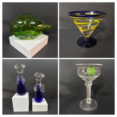 LOT 382: Art Glass Collection: Blenko colonial Williamsburg Restoration Goblet w/Air-Twist Stem, Kosta Boda Martini, Green Hobnail Piggy...