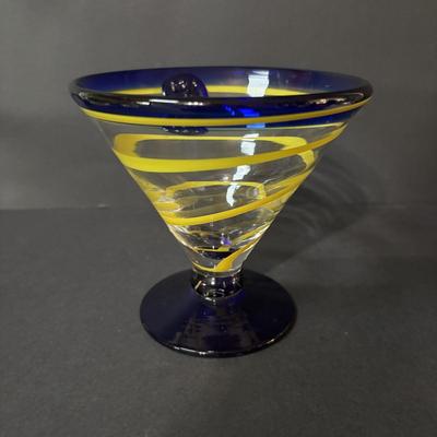 LOT 382: Art Glass Collection: Blenko colonial Williamsburg Restoration Goblet w/Air-Twist Stem, Kosta Boda Martini, Green Hobnail Piggy...