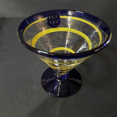 LOT 382: Art Glass Collection: Blenko colonial Williamsburg Restoration Goblet w/Air-Twist Stem, Kosta Boda Martini, Green Hobnail Piggy...
