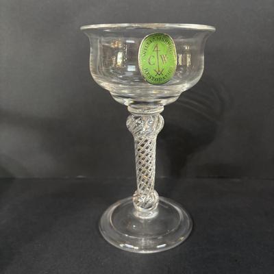 LOT 382: Art Glass Collection: Blenko colonial Williamsburg Restoration Goblet w/Air-Twist Stem, Kosta Boda Martini, Green Hobnail Piggy...