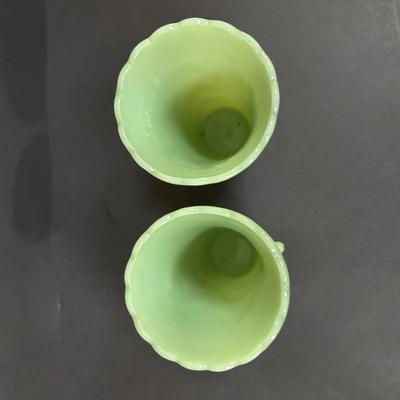 LOT 392: Vintage Jadeite Mixing Bowl and Art Deco Vases along with an Art Deco "Oyster & Pear White with Green" Leaf Candy...
