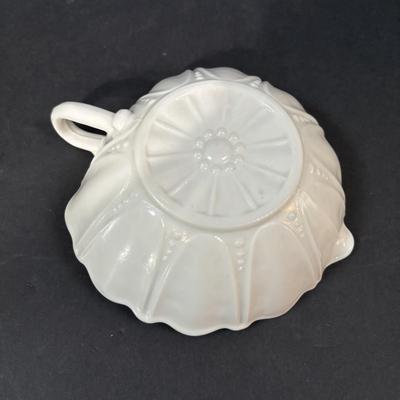 LOT 392: Vintage Jadeite Mixing Bowl and Art Deco Vases along with an Art Deco "Oyster & Pear White with Green" Leaf Candy...