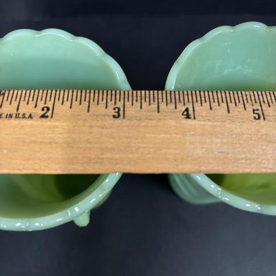 LOT 392: Vintage Jadeite Mixing Bowl and Art Deco Vases along with an Art Deco "Oyster & Pear White with Green" Leaf Candy...
