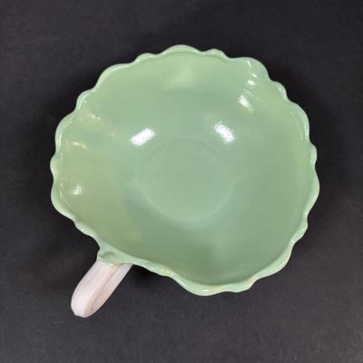LOT 392: Vintage Jadeite Mixing Bowl and Art Deco Vases along with an Art Deco "Oyster & Pear White with Green" Leaf Candy...