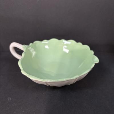 LOT 392: Vintage Jadeite Mixing Bowl and Art Deco Vases along with an Art Deco "Oyster & Pear White with Green" Leaf Candy...