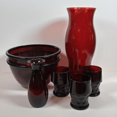 LOT 395: Arcoroc Ruby Red Bowls, Georgian Style Tumblers (3), Hurricane Lamp & Vase