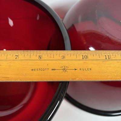 LOT 395: Arcoroc Ruby Red Bowls, Georgian Style Tumblers (3), Hurricane Lamp & Vase