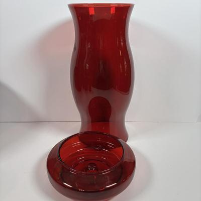 LOT 395: Arcoroc Ruby Red Bowls, Georgian Style Tumblers (3), Hurricane Lamp & Vase