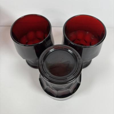 LOT 395: Arcoroc Ruby Red Bowls, Georgian Style Tumblers (3), Hurricane Lamp & Vase