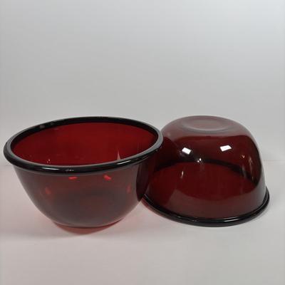 LOT 395: Arcoroc Ruby Red Bowls, Georgian Style Tumblers (3), Hurricane Lamp & Vase
