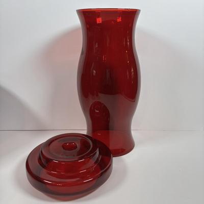 LOT 395: Arcoroc Ruby Red Bowls, Georgian Style Tumblers (3), Hurricane Lamp & Vase