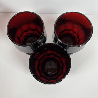 LOT 395: Arcoroc Ruby Red Bowls, Georgian Style Tumblers (3), Hurricane Lamp & Vase