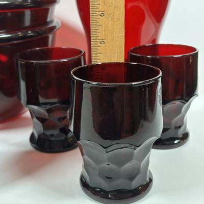 LOT 395: Arcoroc Ruby Red Bowls, Georgian Style Tumblers (3), Hurricane Lamp & Vase