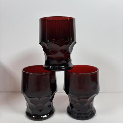 LOT 395: Arcoroc Ruby Red Bowls, Georgian Style Tumblers (3), Hurricane Lamp & Vase