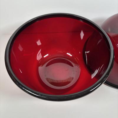 LOT 395: Arcoroc Ruby Red Bowls, Georgian Style Tumblers (3), Hurricane Lamp & Vase