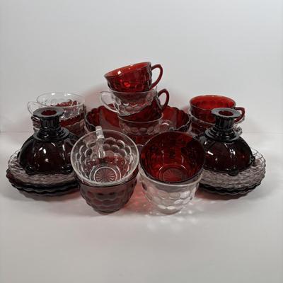 LOT 396: Ruby Red & Clear Bubble Glass Collection & "Oyster and Pearl" Style Depression Glass Candlestick Holders