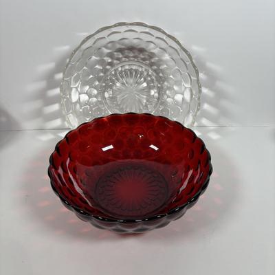 LOT 396: Ruby Red & Clear Bubble Glass Collection & "Oyster and Pearl" Style Depression Glass Candlestick Holders