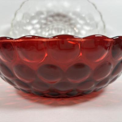 LOT 396: Ruby Red & Clear Bubble Glass Collection & "Oyster and Pearl" Style Depression Glass Candlestick Holders