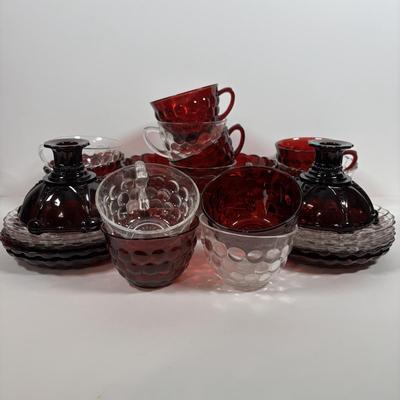 LOT 396: Ruby Red & Clear Bubble Glass Collection & "Oyster and Pearl" Style Depression Glass Candlestick Holders