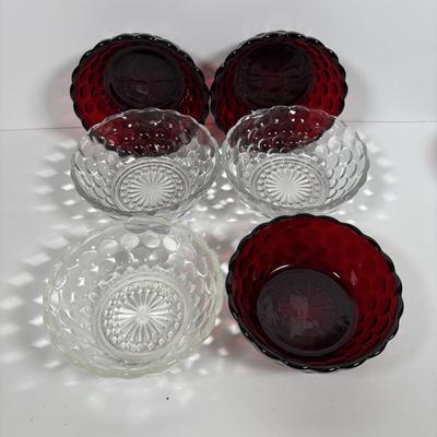 LOT 396: Ruby Red & Clear Bubble Glass Collection & "Oyster and Pearl" Style Depression Glass Candlestick Holders