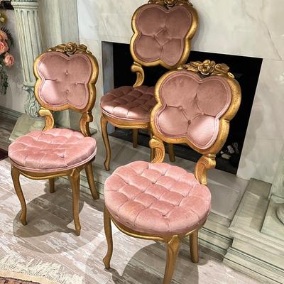 Furniture - Gilt Italian Chairs - set of 3 w/ tufted velvet seats