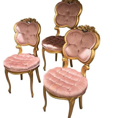 Furniture - Gilt Italian Chairs - set of 3 w/ tufted velvet seats