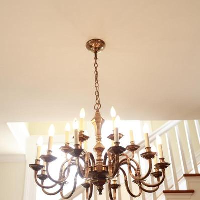 Large Two-Tier Brass Chandelier with 18 Candle-Style Lights