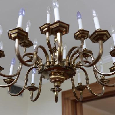 Large Two-Tier Brass Chandelier with 18 Candle-Style Lights
