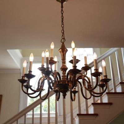 Large Two-Tier Brass Chandelier with 18 Candle-Style Lights