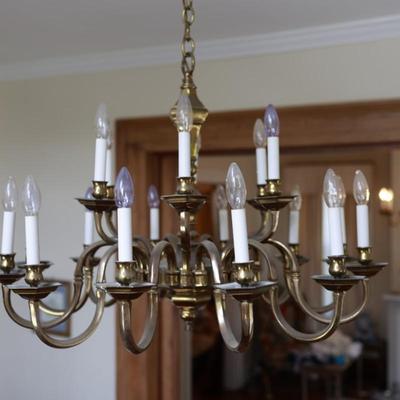 Large Two-Tier Brass Chandelier with 18 Candle-Style Lights