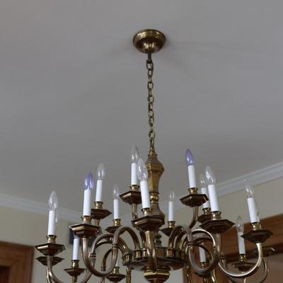 Large Two-Tier Brass Chandelier with 18 Candle-Style Lights