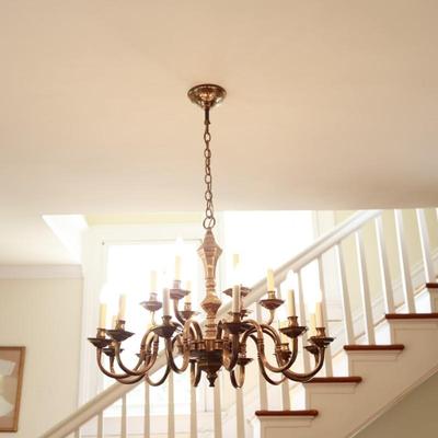 Large Two-Tier Brass Chandelier with 18 Candle-Style Lights