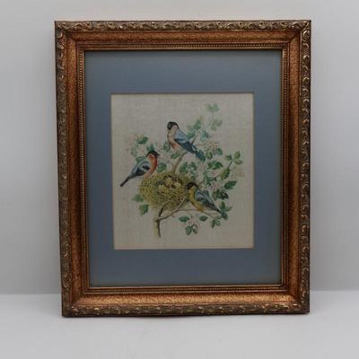 Framed Vintage Silk Bird Print in Gilt Frame