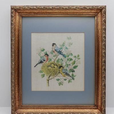 Framed Vintage Silk Bird Print in Gilt Frame